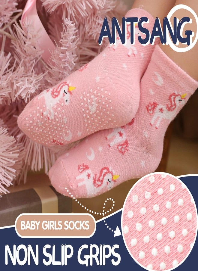 ANTSANG Baby Girls Toddlers Grips Socks Kids Non Slip/Anti Skid Unicorn Striped Crew Cotton Socks 12 Pairs Gift Stocking Stuffers (Girl's-Unicorn Pink(12 Pairs),3-5 Y) - Image 3